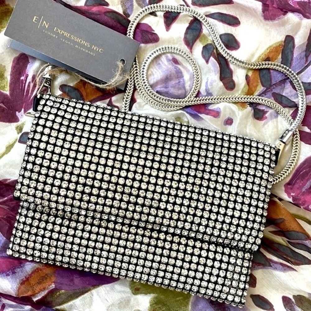 Brand New Expressions NYC Rhinestone Foldover Clutch Crossbody Purse Sparkly